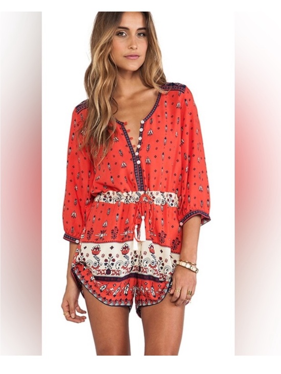 Spell Pants - Spell Desert Wander Playsuit in Sunset - Red Printed Boho Short-Sleeve Romper